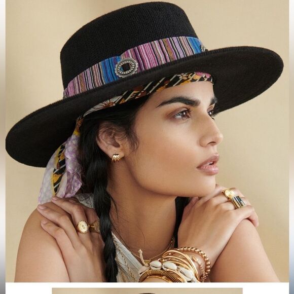 Anthropologie Wyeth Western Trimmed Boater Black Hat O/S - Picture 1 of 6